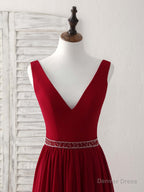 Burgundy Chiffon V Neck Beads Long Prom Dress Burgundy Evening Dress