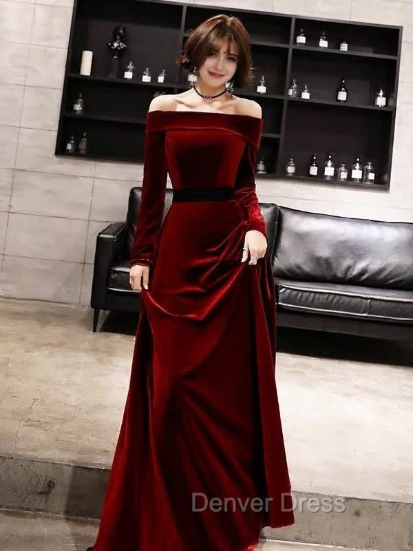 Burgundy Classic Prom Dress Velvet Long Sleeve Off Shoulder Prom Dresses Secondary image