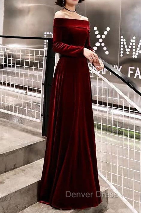 Burgundy Classic Prom Dress Velvet Long Sleeve Off Shoulder Prom Dresses