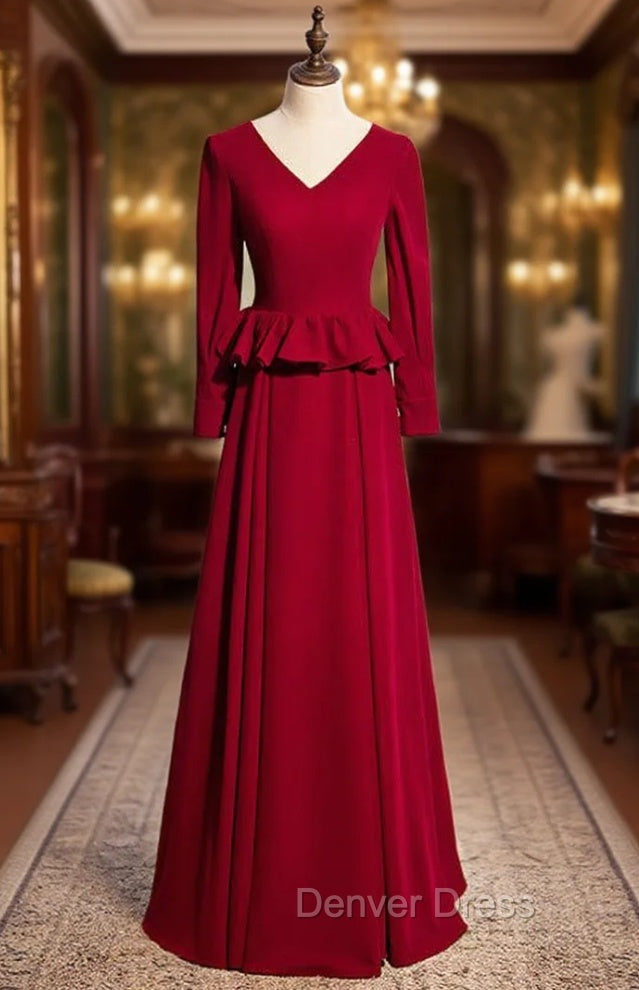 Burgundy Deep V Neck Long Sleeve Prom Dresses