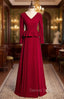 Burgundy Deep V Neck Long Sleeve Prom Dresses