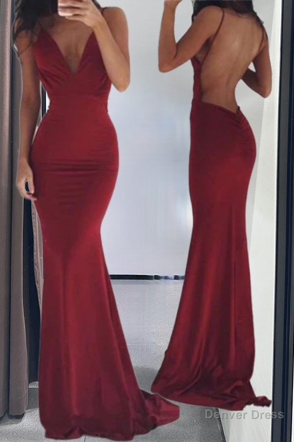 Burgundy Evening Gowns Stretchy Spaghettis Straps Backless Column Prom Dresses Main image