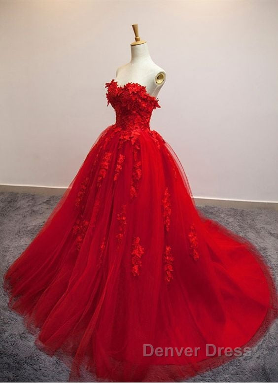 Burgundy Floral Lace Sweetheart Tulle Ball Gowns Wedding Dresses