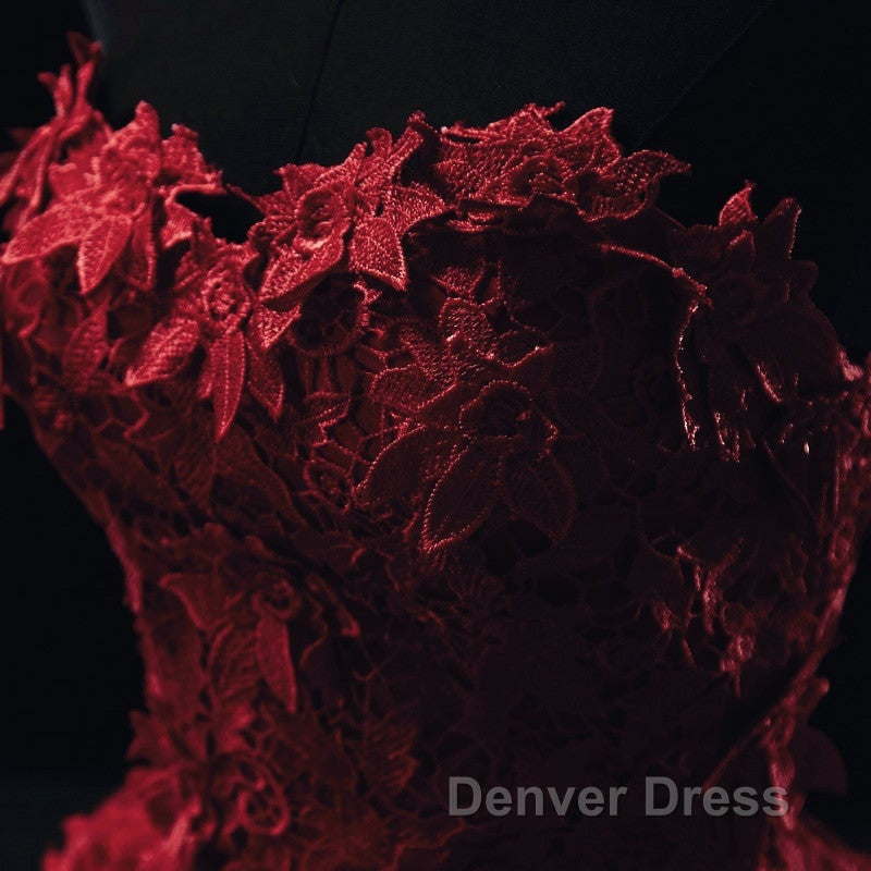 Burgundy Floral Lace Sweetheart Tulle Ball Gown Wedding Dresses