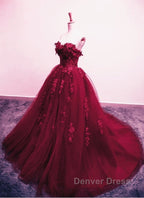Burgundy Floral Lace Sweetheart Tulle Ball Gowns Wedding Dresses