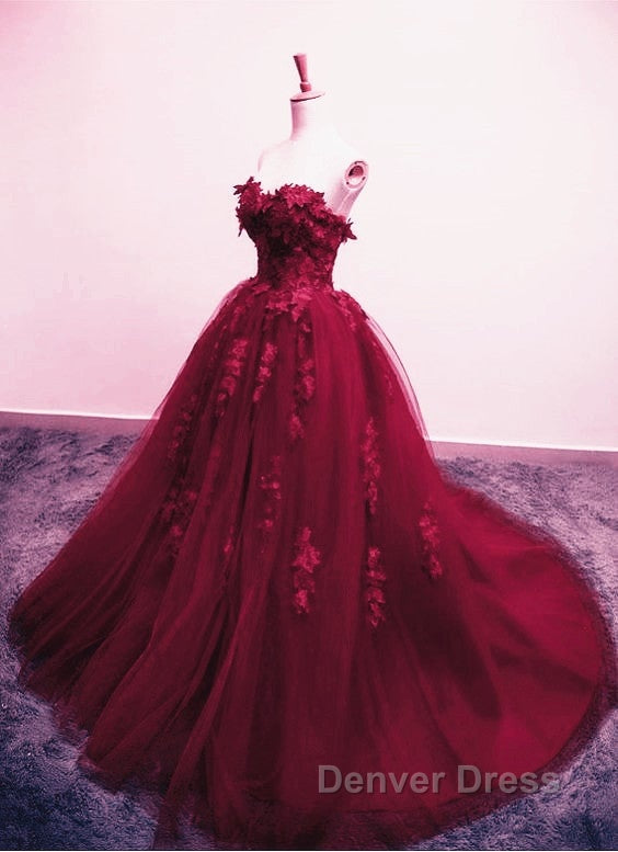 Burgundy Floral Lace Sweetheart Tulle Ball Gowns Wedding Dresses