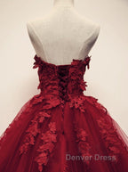 Burgundy Floral Lace Sweetheart Tulle Ball Gowns Wedding Dresses