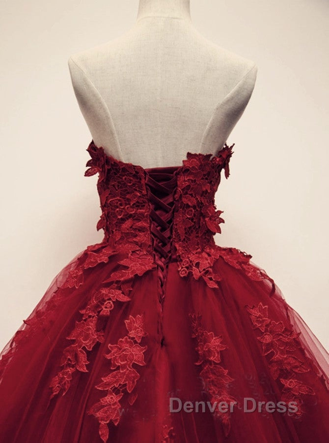 Burgundy Floral Lace Sweetheart Tulle Ball Gowns Wedding Dresses