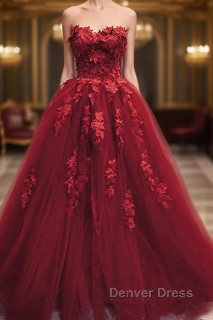 Burgundy Floral Lace Sweetheart Tulle Ball Gown Wedding Dresses Main image
