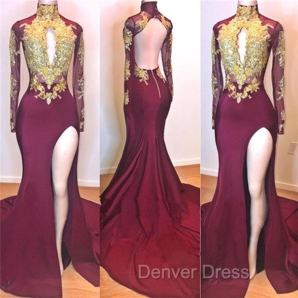 Burgundy Gold Appliques Long Sleevess Side Slit Open Back Mermaid Prom Dresses Secondary image