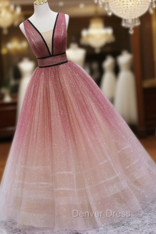 Burgundy Gradient Tulle Long Prom Dress, A Line V Neck Graduation Prom Dresses