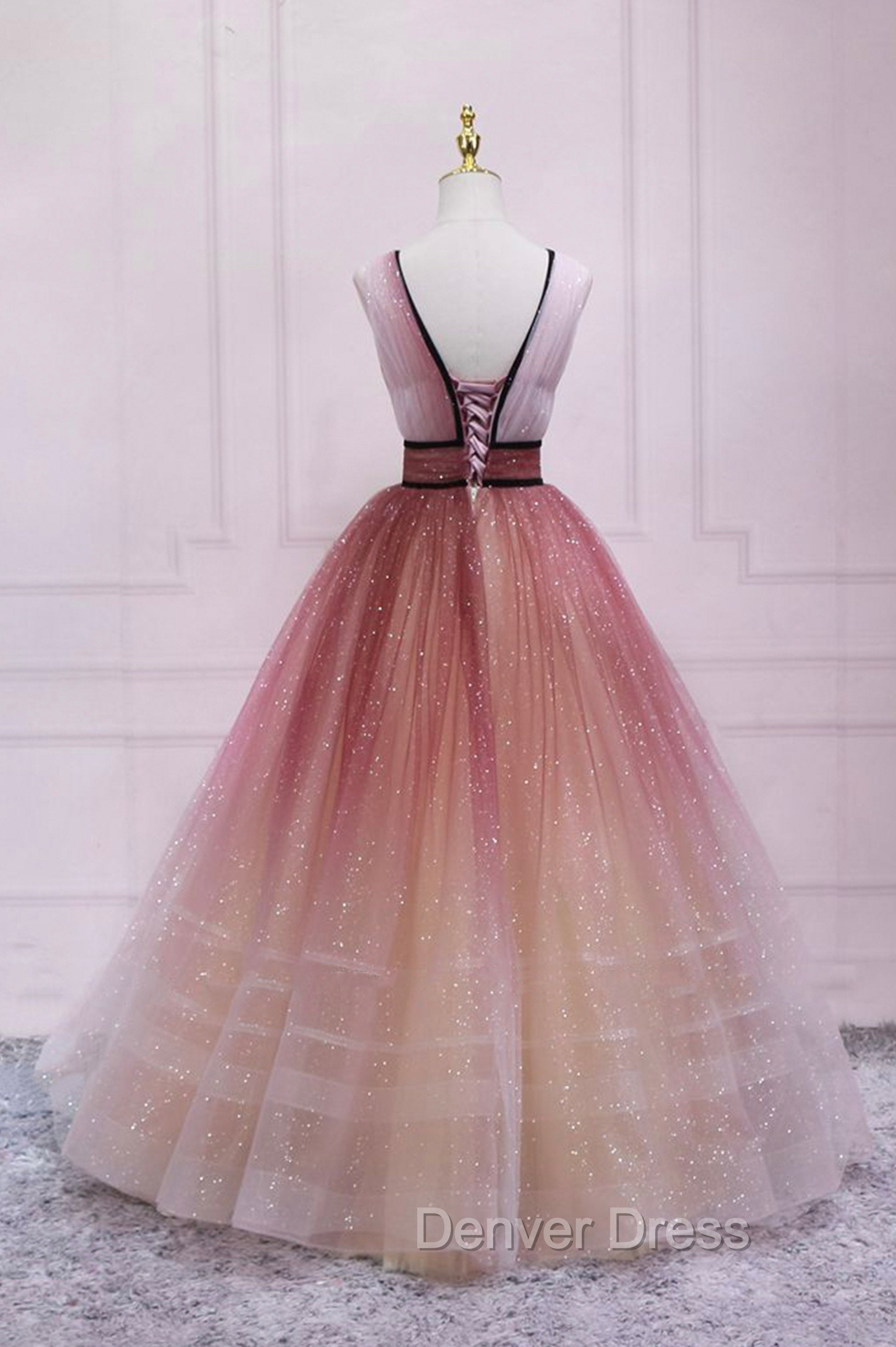 Burgundy Gradient Tulle Long Prom Dress, A Line V Neck Graduation Prom Dresses