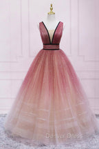 Burgundy Gradient Tulle Long Prom Dress, A Line V Neck Graduation Prom Dresses