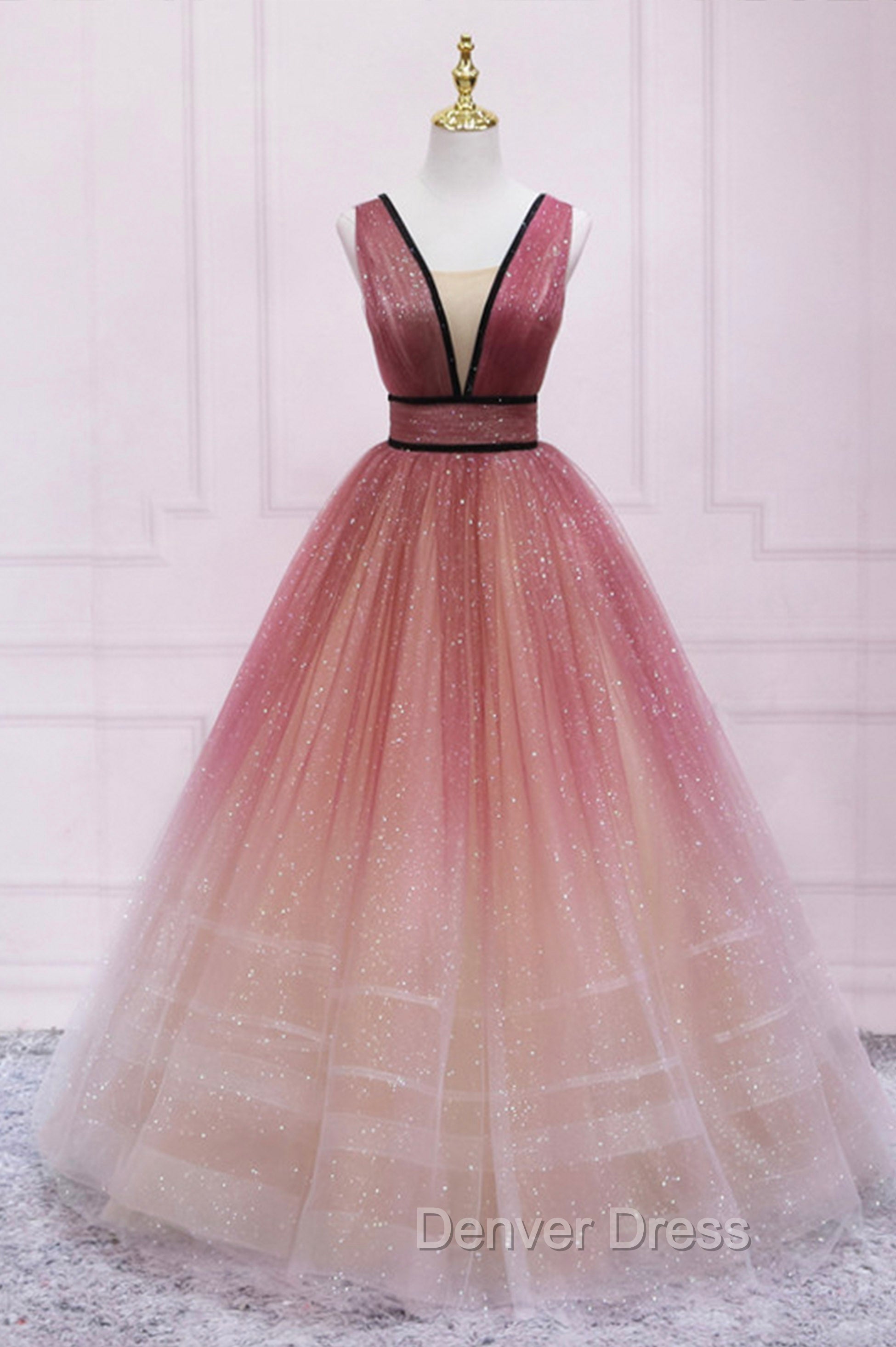 Burgundy Gradient Tulle Long Prom Dress, A Line V Neck Graduation Prom Dresses