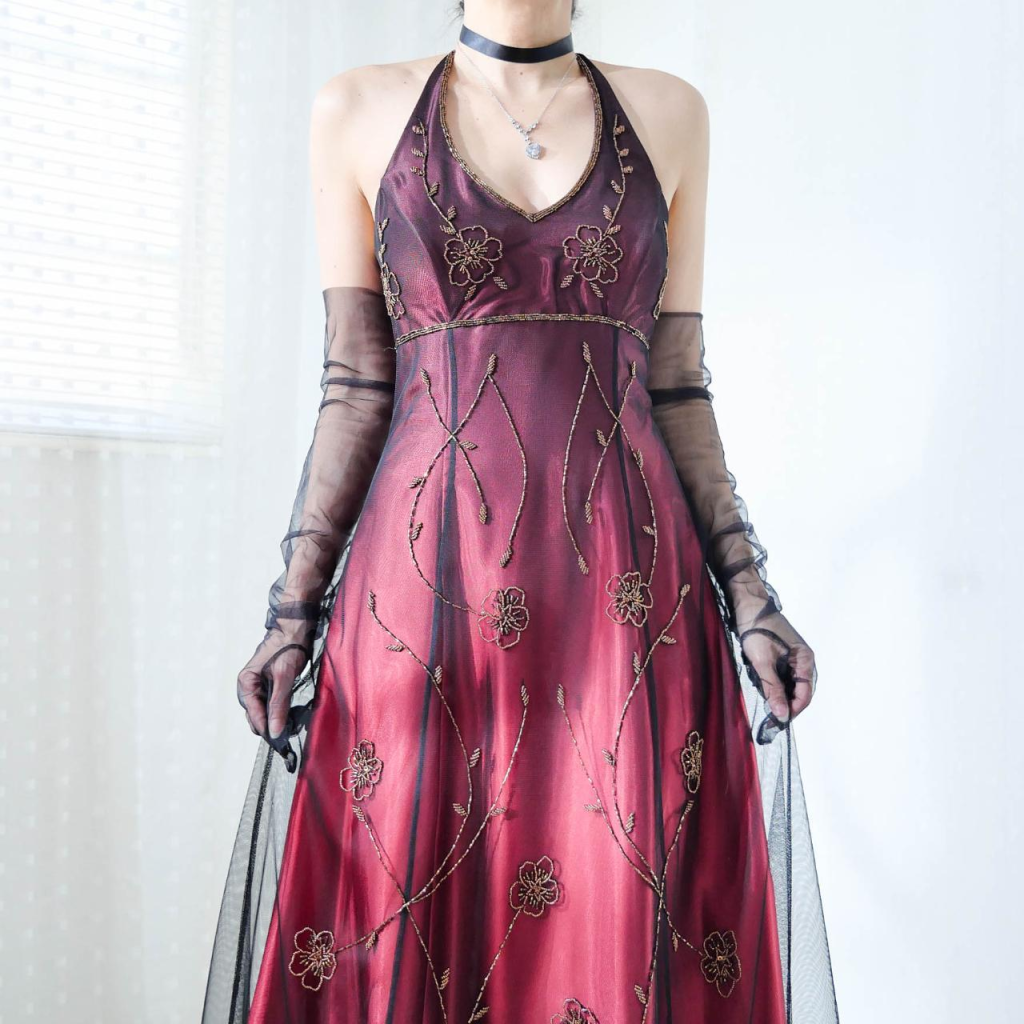 Vintage Fuchsia Halter-Neck A-Line Beaded Chiffon Long Prom Dresses Prom Gowns