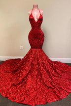 Burgundy Halter Mermaid V-Neck Low Back Flowers Prom Dresses
