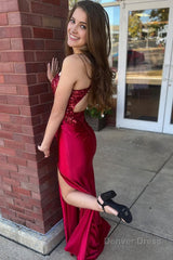 burgundy halter satin prom dress with slit