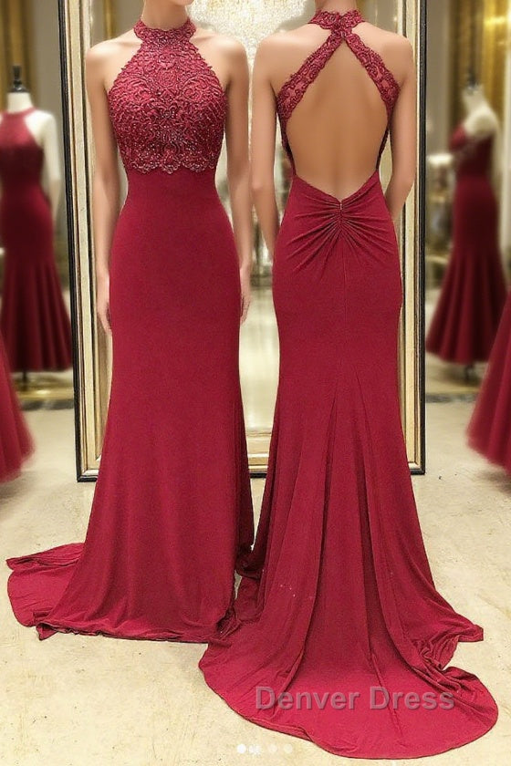Burgundy high neck lace mermaid long prom Dress, lace Prom Dresses