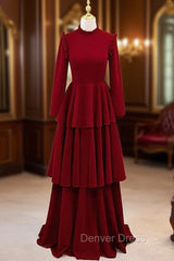 Burgundy High Neck Long Sleeve Prom Dresses