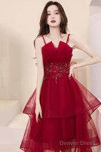 Burgundy Lace High-Low Prom Dress, Lovely Homecoming Prom Dresses