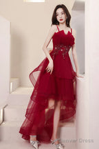 Burgundy Lace High-Low Prom Dress, Lovely Homecoming Party Dress
