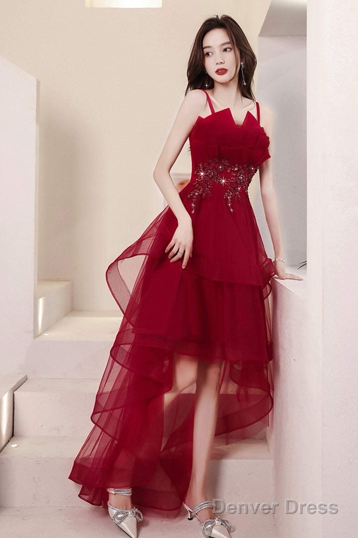 Burgundy Lace High-Low Prom Dress, Lovely Homecoming Party Dress
