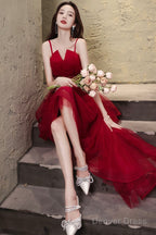 Burgundy Lace High-Low Prom Dress, Lovely Homecoming Prom Dresses