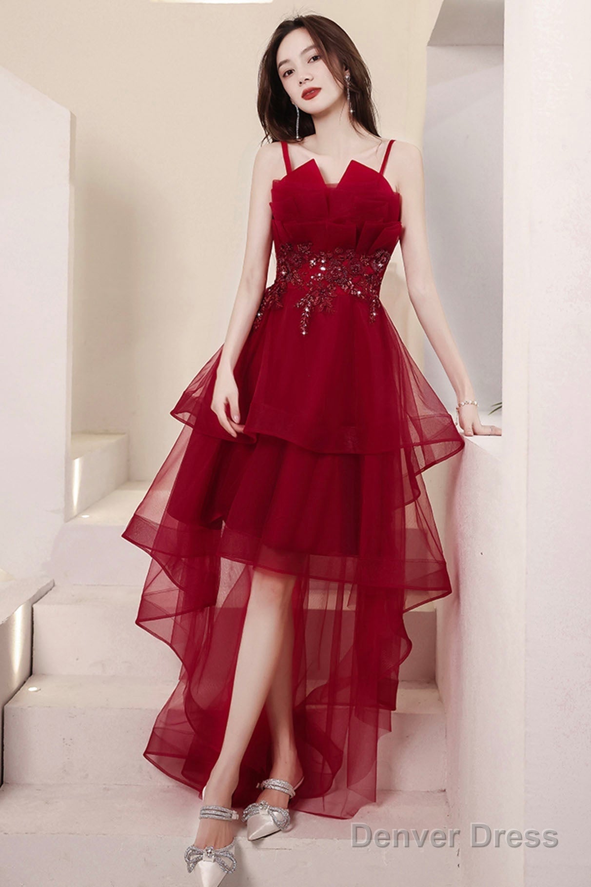 Burgundy Lace High-Low Prom Dress, Lovely Homecoming Party Dress Main image