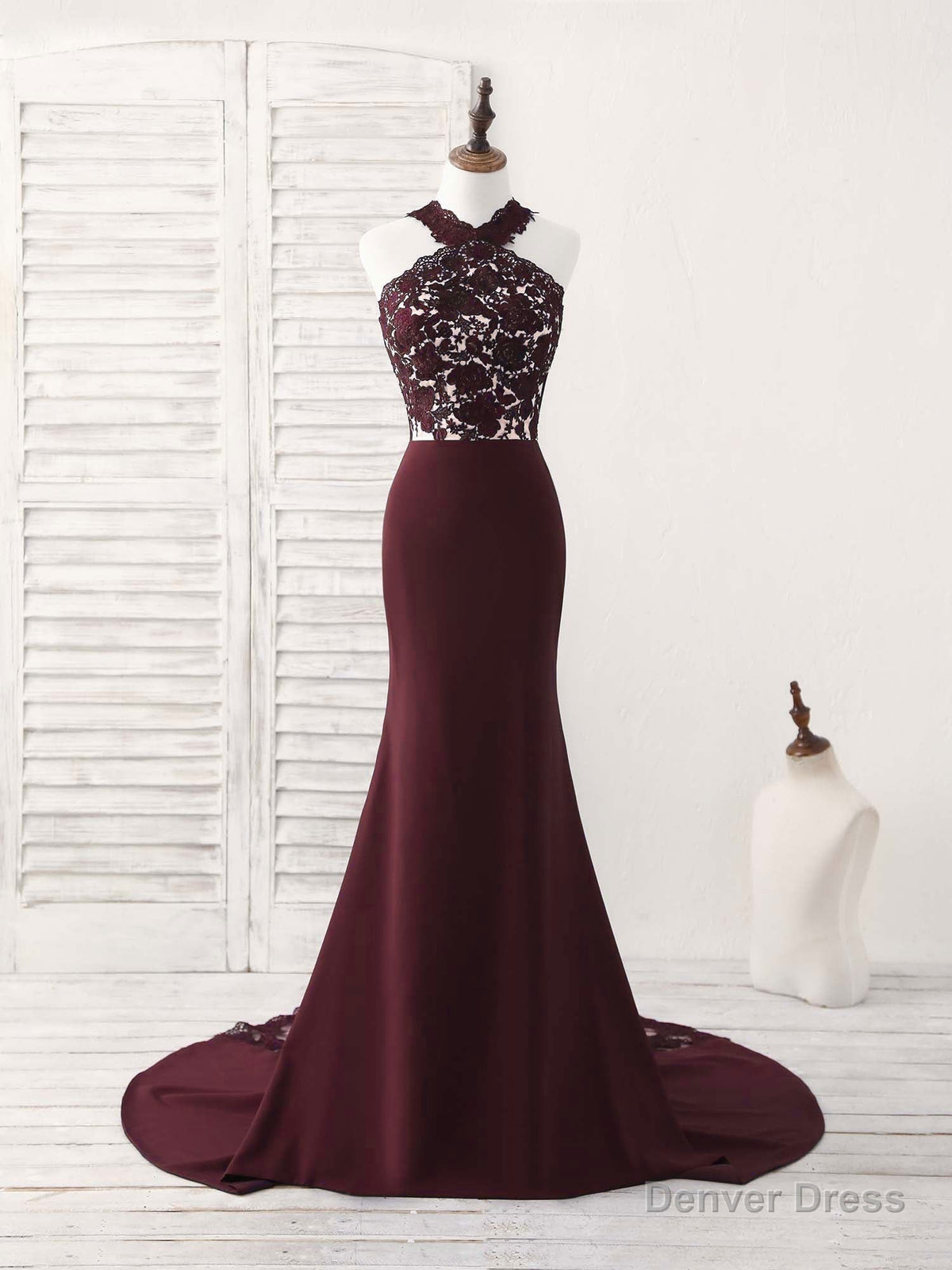 Burgundy Lace Mermaid Long Prom Dress Burgundy Bridesmaid Dresses Main image