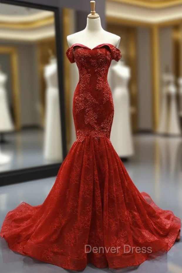 Burgundy Lace Mermaid Off The Shoulder Prom Dresses With Beading