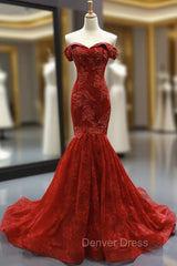 Burgundy Lace Mermaid Off The Shoulder Prom Dresses With Beading