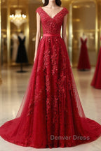 Burgundy Lace Prom Dress with Train, Wine Red Lace Prom Dresses