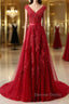 Burgundy Lace Prom Dress with Train, Wine Red Lace Prom Dresses