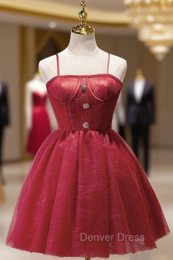 Burgundy Lace Spaghetti Straps Homecoming Dresses