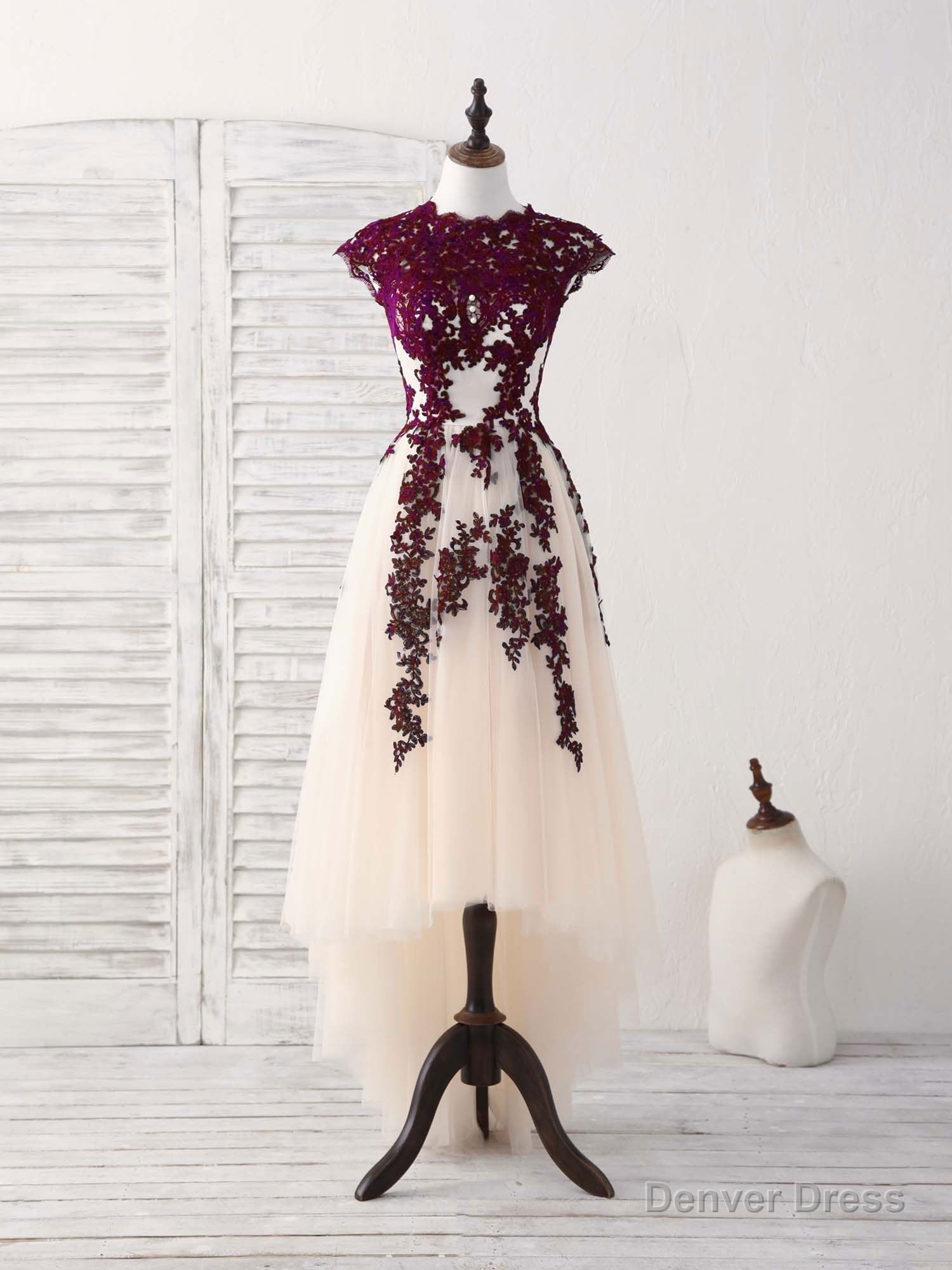 Burgundy Lace Tulle High Low Prom Dress Burgundy Bridesmaid Dresses Secondary image