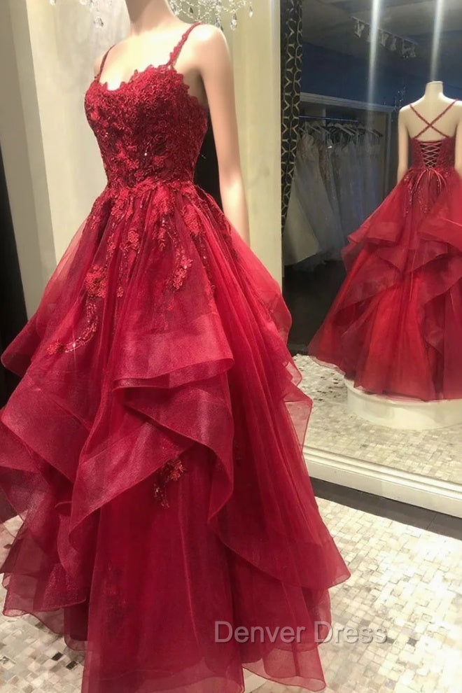 Burgundy Lace Tulle Layers Long Prom Dresses, A-Line Evening Party Dresses Main image