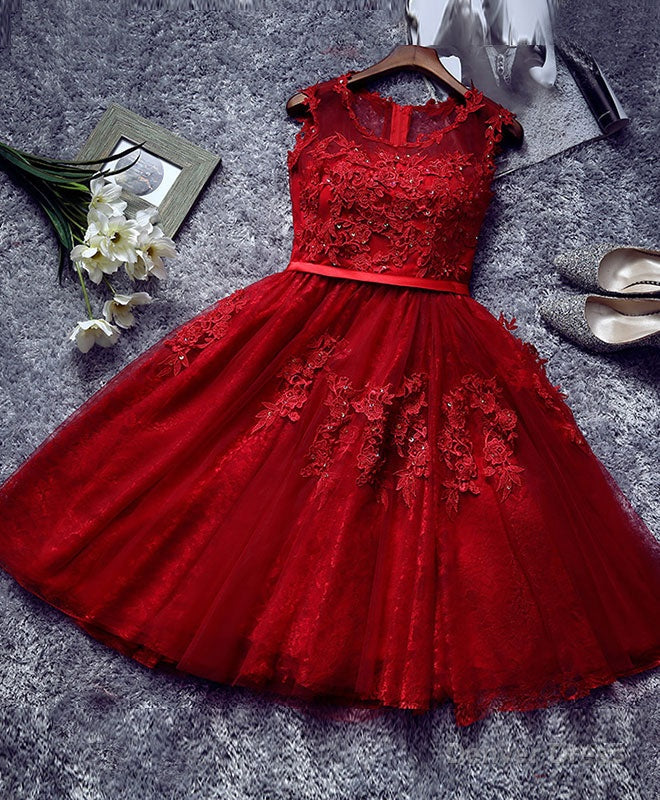 Burgundy Lace Tulle Short Prom Dress, Lace Homecoming Dresses Main image