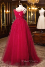 Burgundy Layered Tulle Long Prom Dress, Wine Red Long Prom Dresses
