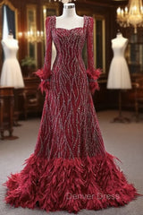 Burgundy Long Sleeve Square Beading Prom Dresses