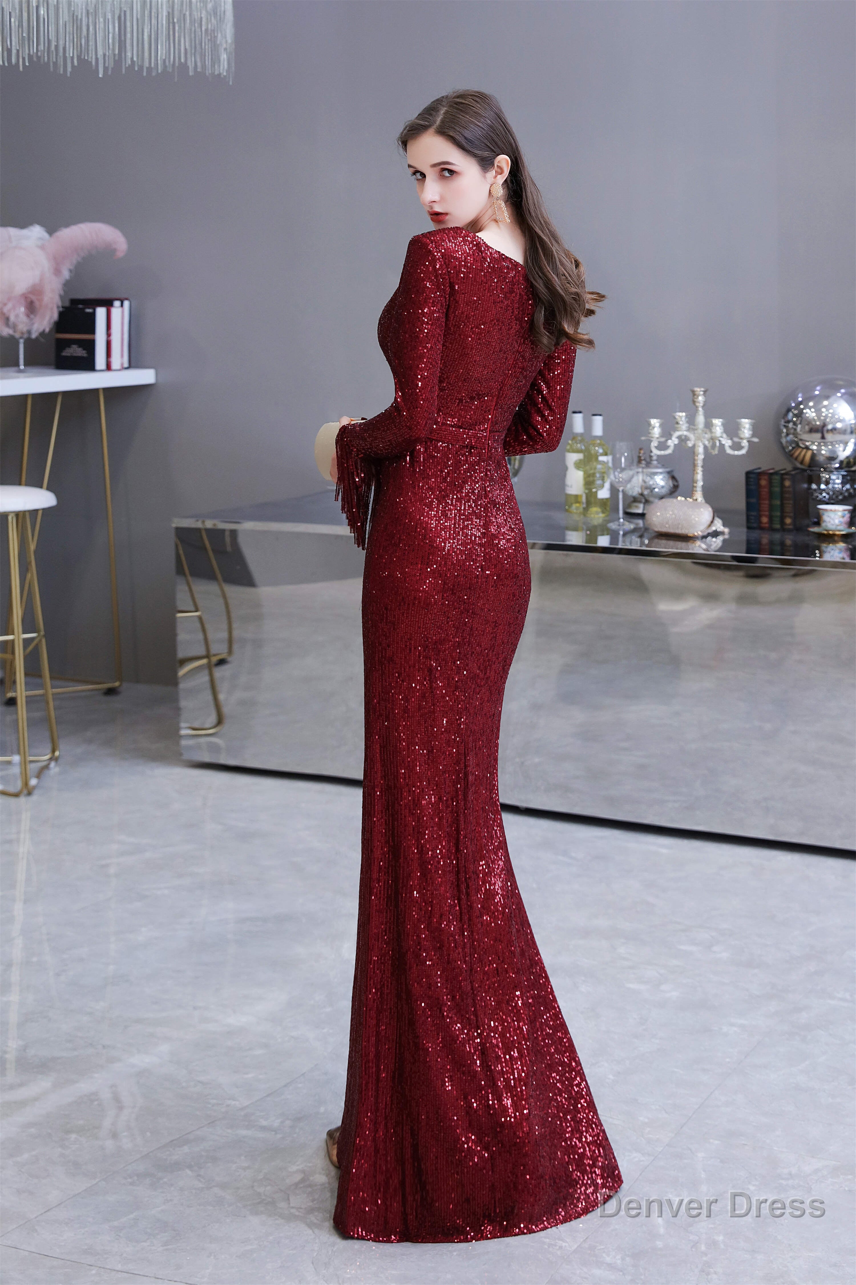 Long Sleeve V Neck Floor Length Crystal Beaded Sequins Mermaid Prom Dresses