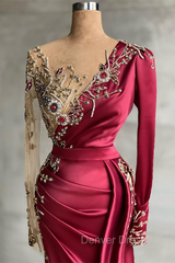 Burgundy Long Sleeves Mermaid Prom Dresses With Beadings