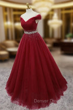 Burgundy Long Tulle Off Shoulder Prom Dress , Junior Prom Dresses
