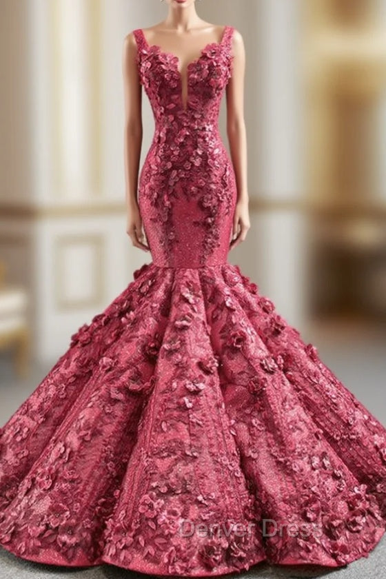 Burgundy Mermaid 3D Appliques Beading Straps Prom Dresses Main image