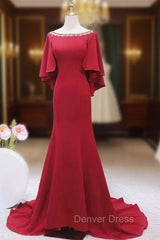 Burgundy Mermaid Bateau Beading Prom Dresses