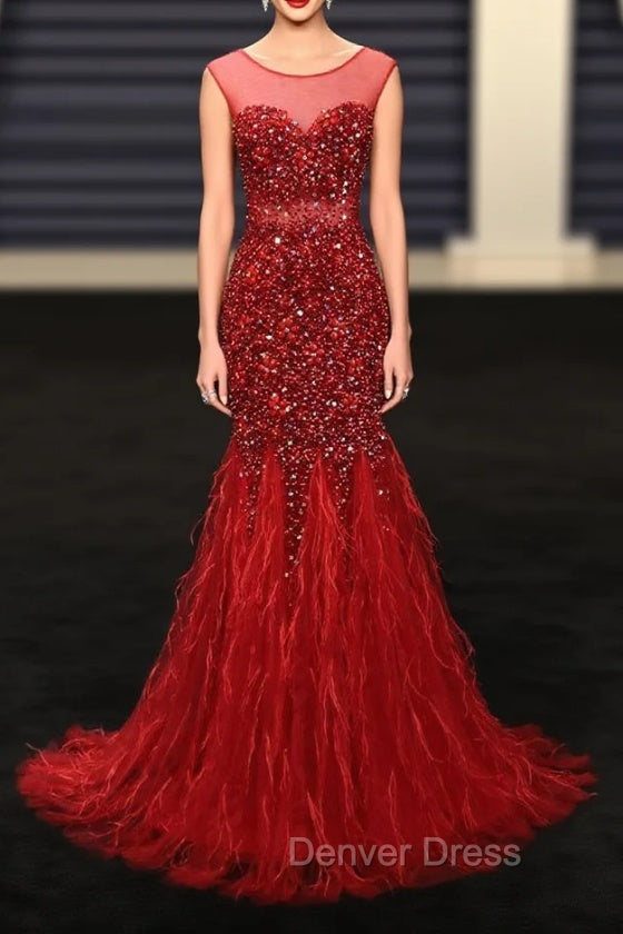 Burgundy Mermaid Beading Sequins Feather Prom Dresses
