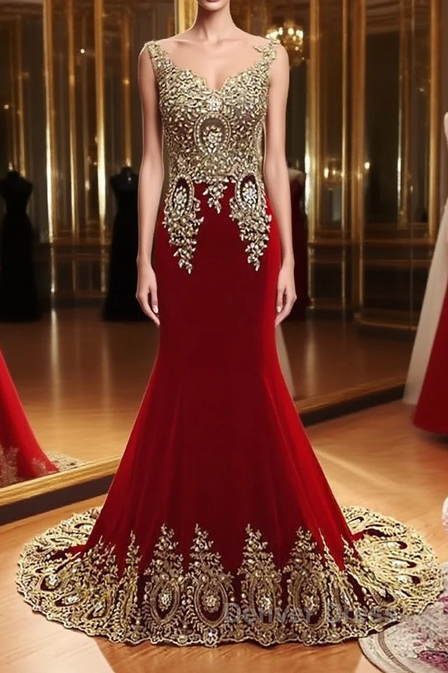 Burgundy Mermaid Beads Lace Appliques Chiffon Long Prom Dress, Burgundy Mermaid Prom Dress