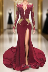 Burgundy Mermaid Deep V-neck Long Sleeve Backless Prom Dresses