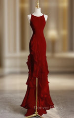 Burgundy Mermaid Halter Prom Dresses