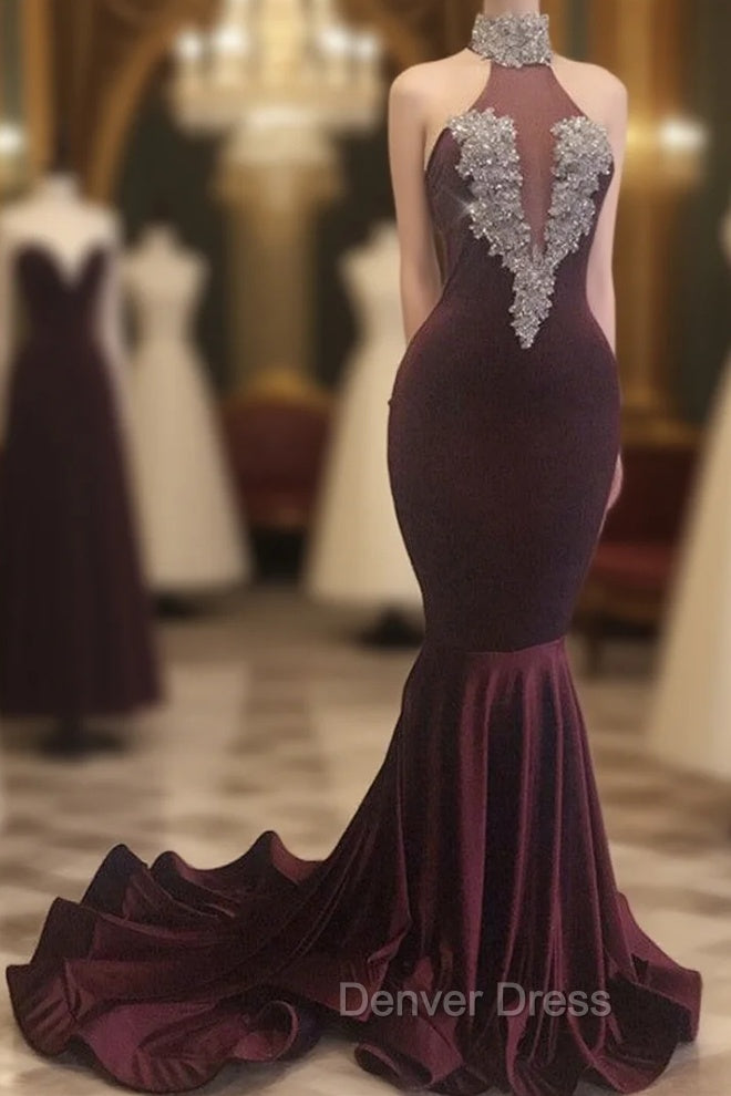 Burgundy Mermaid High Neck Velvet Prom Dresses Main image