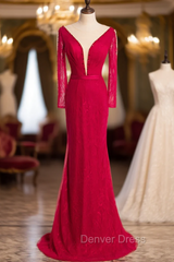 Burgundy Mermaid Lace Long Sleeve Beading Prom Dresses